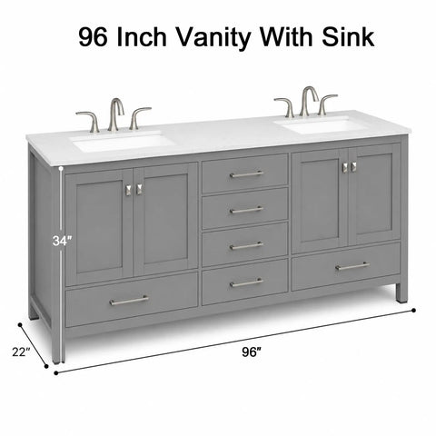 Rock Solid 96 Inch Bathroom Vanity With Double Sink And Pure White Quartz Countertop Featuring Fully Assembled Cabinets For A No Sweat Install And Moisture Resistant Design, showcasing dual sinks and gray cabinetry.