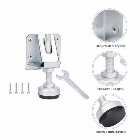 Adjustable Furniture Leg With Threaded Stem Leveling Foot with steel texture, screws, wrench, durable base for cabinets on uneven floors.