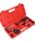 Knockout Punch Set With Six Sizes Manual Ratchet Hole Cutter Kit in red storage box, ideal for metal sheets and electrical conduit.