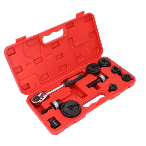 Knockout Punch Set With Six Sizes Manual Ratchet Hole Cutter Kit in red storage box, ideal for metal sheets and electrical conduit.
