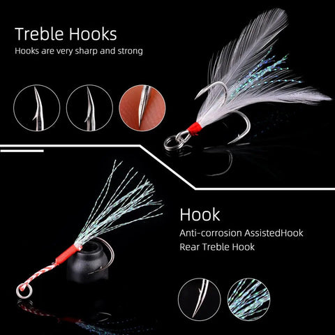 Heavy Duty 40G Saltwater Fishing Jigs Straight Fire Speed And Slow Jigging Pitching Lure Collection featuring sharp treble hooks.