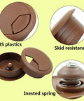 5 Pack Of Sharp Brown Desk Grommets Offering An Easy Peasy Install to Keep Office Cords Neat and Organized A No Sweat High Quality 2 Inch Plastic Cover Set, showing details like ABS plastic and skid-resistant design.