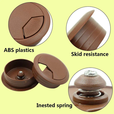 5 Pack Of Sharp Brown Desk Grommets Offering An Easy Peasy Install to Keep Office Cords Neat and Organized A No Sweat High Quality 2 Inch Plastic Cover Set, showing details like ABS plastic and skid-resistant design.