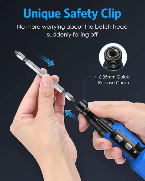 Demonstration of quick release chuck on 2 In 1 Cordless Electric Screwdriver With LED Light And USB Charging, Portable Handy Home DIY Tool Kit