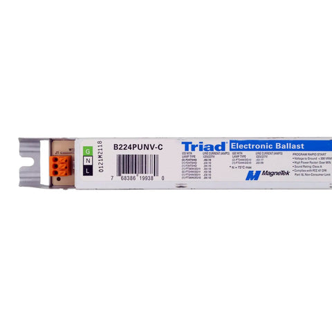 Close-up of 2 Lamp F24T5HO Electronic Fluorescent Ballast 120/277V for T5 HO Lamps 24W white finish, ideal for office lighting retrofits.