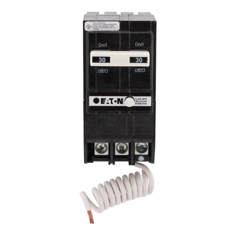 30 Amp Double Pole Circuit Breaker With GFCI Protection 120 240V Pigtail Neutral UL Listed Heavy Duty Safety For Home Electrical Panels No Sweat Install Reliable Power. front view with white pigtail neutral