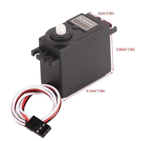 Smooth Operator High Speed Standard RC Servo Motor Featuring Tough Plastic Gears And Durable Metal Output Spline, side view with dimensions.