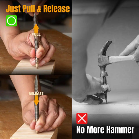 Slick Spring Loaded Dual Head Nail Setter With Center Punch For Precise Drilling And Marking Heavy Duty Hammerless Carpenter Tool demonstrated with pull and release technique.