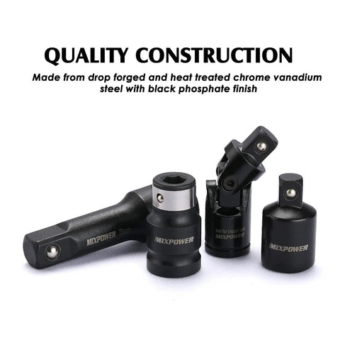 Heavy Duty Drive Tool Accessory Set With CR-V Steel And Black Phosphate Finish Universal Joints and Impact Coupler