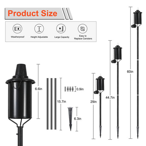 Product dimensions and features of Outdoor Citronella Metal Torch Set Of 4 16 Oz Each Adjustable 59 Inch Garden Torches