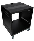 Hella Sturdy 10U Rolling Audio Rack Case For Live Sound And Recording Studio Gear With Smooth Casters, featuring stacked shelves and ventilated sides.
