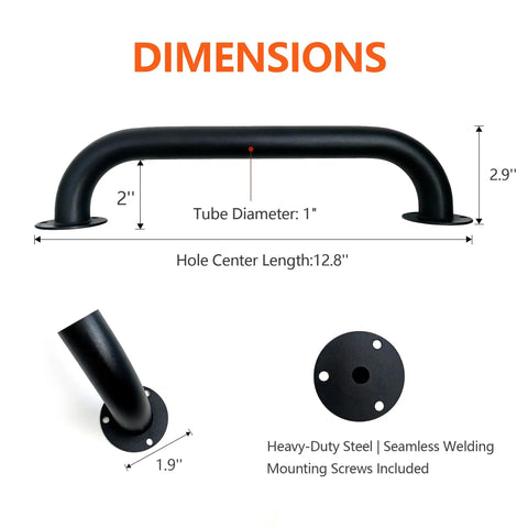 Dimensions of Rock Solid 12 Inch Industrial Pipe Wall Mount Grab Bar For Stairs Decks And Entryways Featuring Heavy Duty Galvanized Steel Non Slip Matte Black Support Built To Last.