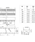 Technical diagram of 10Pcs 16P DIP IC Socket Solder Type 2.54mm Pitch Dual Row Flat Pin Adapters, dimensions table included