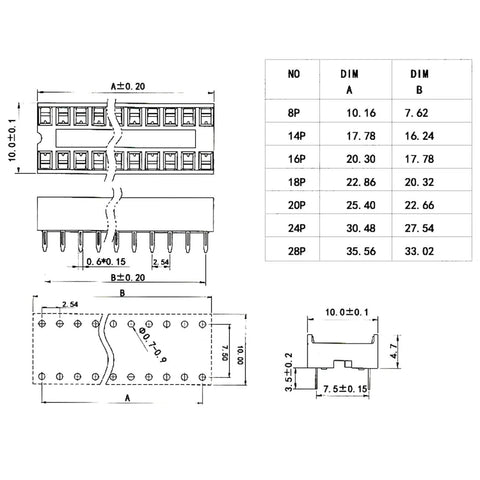 Technical diagram of 10Pcs 16P DIP IC Socket Solder Type 2.54mm Pitch Dual Row Flat Pin Adapters, dimensions table included