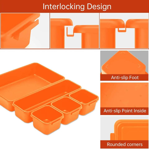 Orange Tool Box Organizer Tray Set With Dividers for Drawer Storage showing interlocking design and anti-slip features.