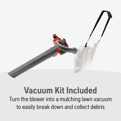 Gas Leaf Blower Vacuum Kit with Mulcher and Vac Bag 28cc 1.1HP 2 Cycle Handheld Blower 470 CFM 170 MPH shown with vacuum attachment