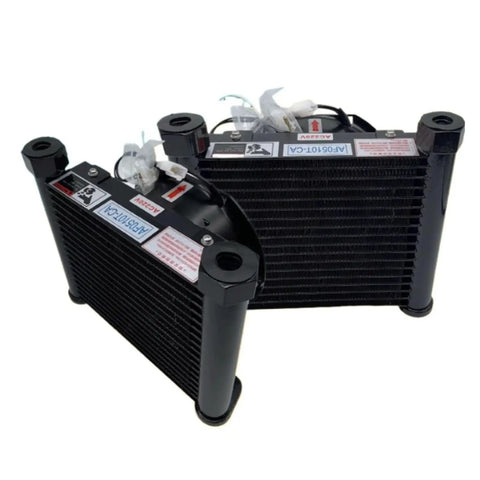Hydraulic Oil Cooler For CNC Lathe Oil Pump Air Cooled Heat Exchanger With 720 Kcal Per Hour Cooling 10 Liters Per Minute Flow 12V Power Workhorse Radiator, showing compact air-cooled radiators with connectors.
