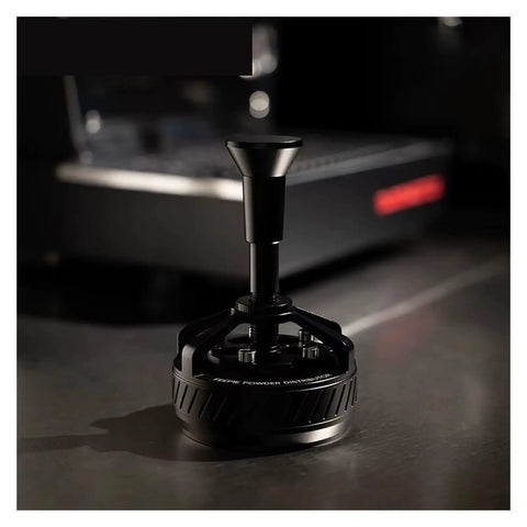 Straight Up 58mm Espresso Distributor Tool For Solid Portafilter Bed Leveling With Heavy Duty Stainless Steel Build Effortless Cleaning And Hella Smooth Extraction For Pro Home Baristas on a countertop.
