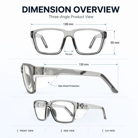 Built Tough Photochromic Safety Glasses With Auto Darkening Lenses Shifting From Clear Indoor View To Dark Shades Outside, dimension overview with side shields.