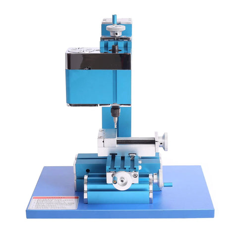 Knockout Aluminum Mini Milling Machine Benchtop Wood Lathe For Diy Tinkering and Hobby Modelmaking Compact Craft Drill Press viewed from the front.