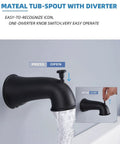 Matte black tub spout with diverter pouring water, part of Shower System With Tub Spout, Rain Mixer Shower Set, Matte Black All In One Faucet