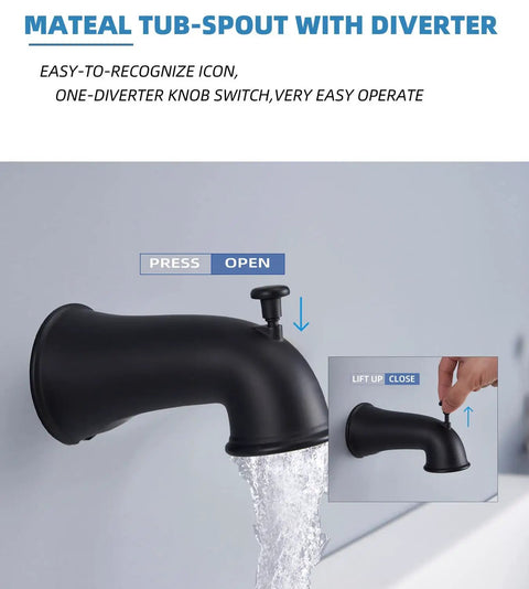 Matte black tub spout with diverter pouring water, part of Shower System With Tub Spout, Rain Mixer Shower Set, Matte Black All In One Faucet