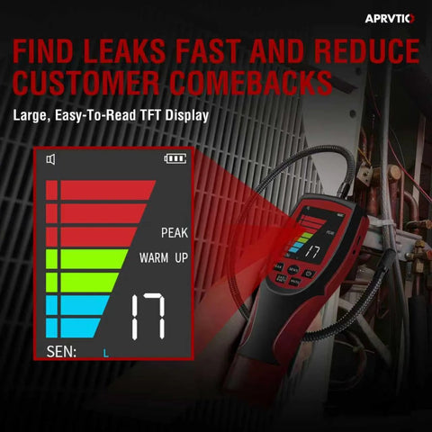 Front view of red/black ALD-200 PRO refrigerant leak detector with 2.6-inch color display.