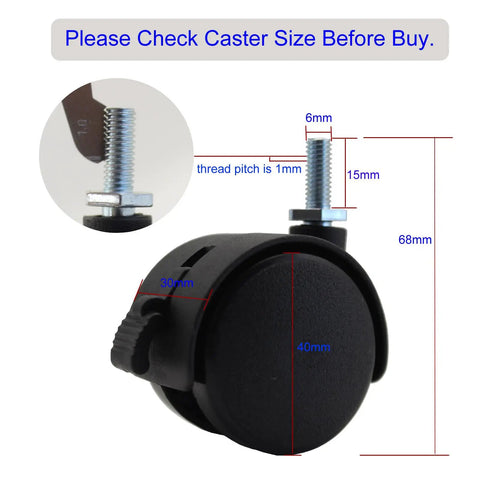Roll Like A Dream 4 Pack Of 1.5 Inch M6 Threaded Stem Swivel Caster Wheels With Locking Brakes showing detailed size dimensions.