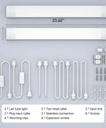 Linkable Two-Foot LED Shop Light Two Pack 5000K 18W Plug In Ceiling Closet Laundry Kitchen Garage Workbench Under Cabinet Triproof White Ultra Bright Energy Saving Lighting Fixture with cables and mounting accessories displayed