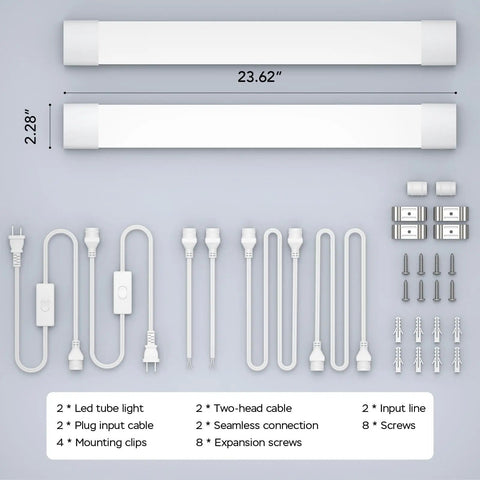 Linkable Two-Foot LED Shop Light Two Pack 5000K 18W Plug In Ceiling Closet Laundry Kitchen Garage Workbench Under Cabinet Triproof White Ultra Bright Energy Saving Lighting Fixture with cables and mounting accessories displayed