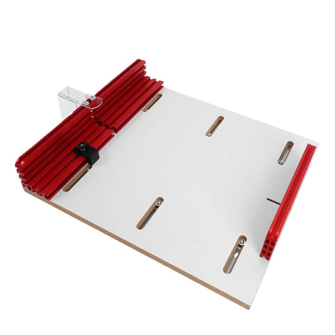 Heavy Duty Table Saw Crosscut Sled With Adjustable Aluminum Track Fence For Bullseye Alignment and Built Like A Tank Construction. Red adjustable fence.