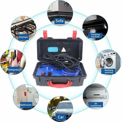Piudoiliy 3200W High Pressure Steam Cleaner inside a portable case, ideal for deep kitchen and bathroom cleaning.