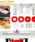 Heavy Duty Aluminum Router Table Insert Plate Kit Accompanied By Four Vivid Red Swap Rings And Sixteen Secure Mounting Bolts, shown with router and tools.