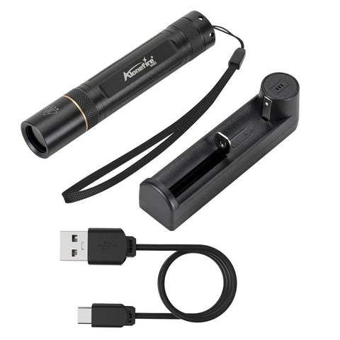 10W 365nm UV Flashlight Portable USB Rechargeable Black Light with battery, charger, and cable for pet urine detection and resin curing.