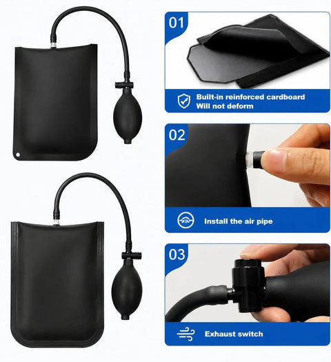 Black air wedge pump tool for car maintenance with steps: reinforced cardboard, air pipe installation, and exhaust switch.