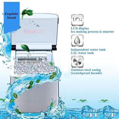 Game Changing Countertop Ice Cube Maker Pushing Fifty Five Lbs Of Clear Ice Daily With Lightning Fast Cycles A Lcd Screen, showcasing clear ice and stainless steel casing.