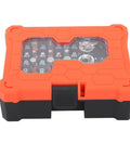 23 Piece Socket Wrench Set Featuring A Slick 72 Tooth Ratchet And Sixteen Tough S2 Bits For Real Deal Auto Grind And Weekend Warrior Garage Projects Accessories in orange case.