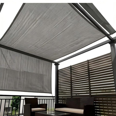 90 Percent UV Blocking Sun Shade Cloth 10x15 Feet With D Rings for Pergola Garden Patio Backyard, gray cover in structure