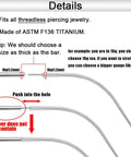 Diagram of ASTM F136 Titanium threadless piercing jewelry with curved insertion taper, showing size and fit details for 16G stretch.