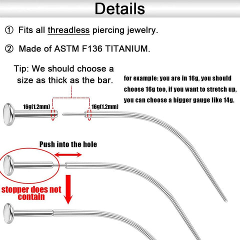 Diagram of ASTM F136 Titanium threadless piercing jewelry with curved insertion taper, showing size and fit details for 16G stretch.