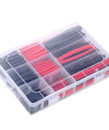 270 Piece 3 To 1 Dual Wall Adhesive Heat Shrink Tubing Kit With Six Sizes in red and black stored in a clear plastic box