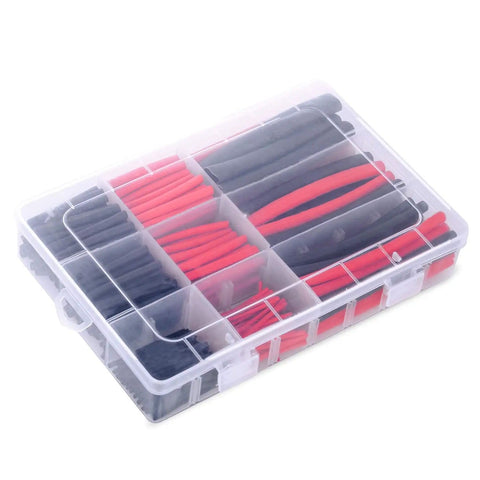 270 Piece 3 To 1 Dual Wall Adhesive Heat Shrink Tubing Kit With Six Sizes in red and black stored in a clear plastic box