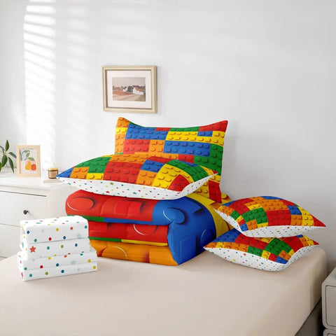 Construction Themed Bed In A Bag Full Size 7 Piece Rainbow Blocks Bedding Set With Microfiber Comforter Flat And Fitted Sheets Pillowcases And Pillow Covers For All Season Kid Approved Bedroom Decor on full bed