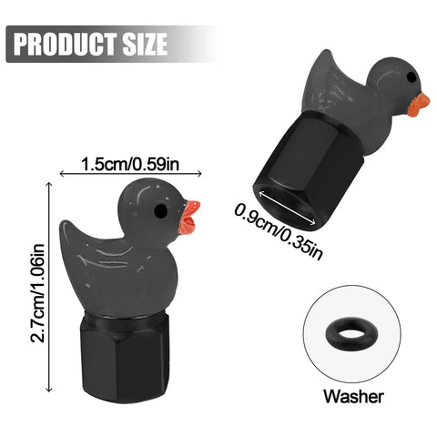 Four Pack Cute Duck Glow In The Dark Tire Valve Caps For Cars Motorcycles Trucks And Bicycles Black Titanium Alloy Build Easy Install Dope Car Decor That Lights Up In Sunlight, showing size dimensions and washer included.