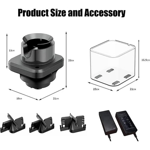 No Sweat Grounds Removal With This Automatic Electric Coffee Portafilter Cleaner Knock Box Unit parts, dimensions shown with accessories.