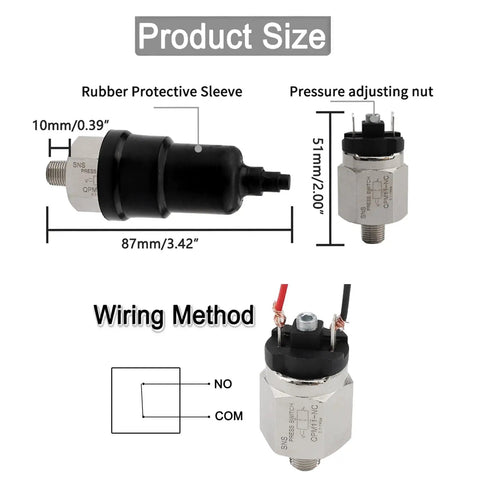 Image showing Adjustable One Eighth Inch Pneumatic Pump Pressure Control Switch NC Normally Closed with dimensions and wiring method.