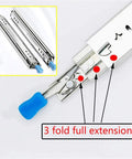Close-up of 3 fold full extension drawer slides with blue release tabs and red markings, shown open and closed.