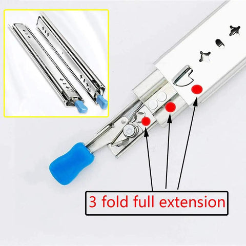 Built Tough Heavy Duty Drawer Slides And Runners With Lock, close-up of 3-fold full extension mechanism with blue handle.
