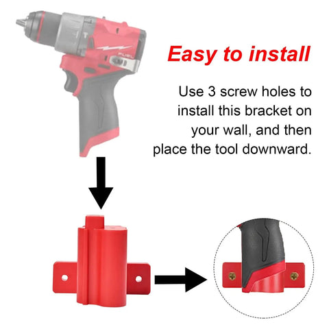 Diagram showing installation of 2 In 1 Wall Mount Tool And Battery Holder For Milwaukee M12 12V with drill, hanger, and mounting guide.