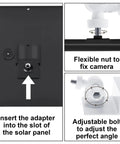 4 Pack Universal Solar Panel Gutter Mounts For Ring Blink Arlo And More White Clip On No Drill Install Weatherproof Aluminum Alloy And ABS Plastic Durable Outdoor Power System Mounts with adapter, nut, and bolt details.